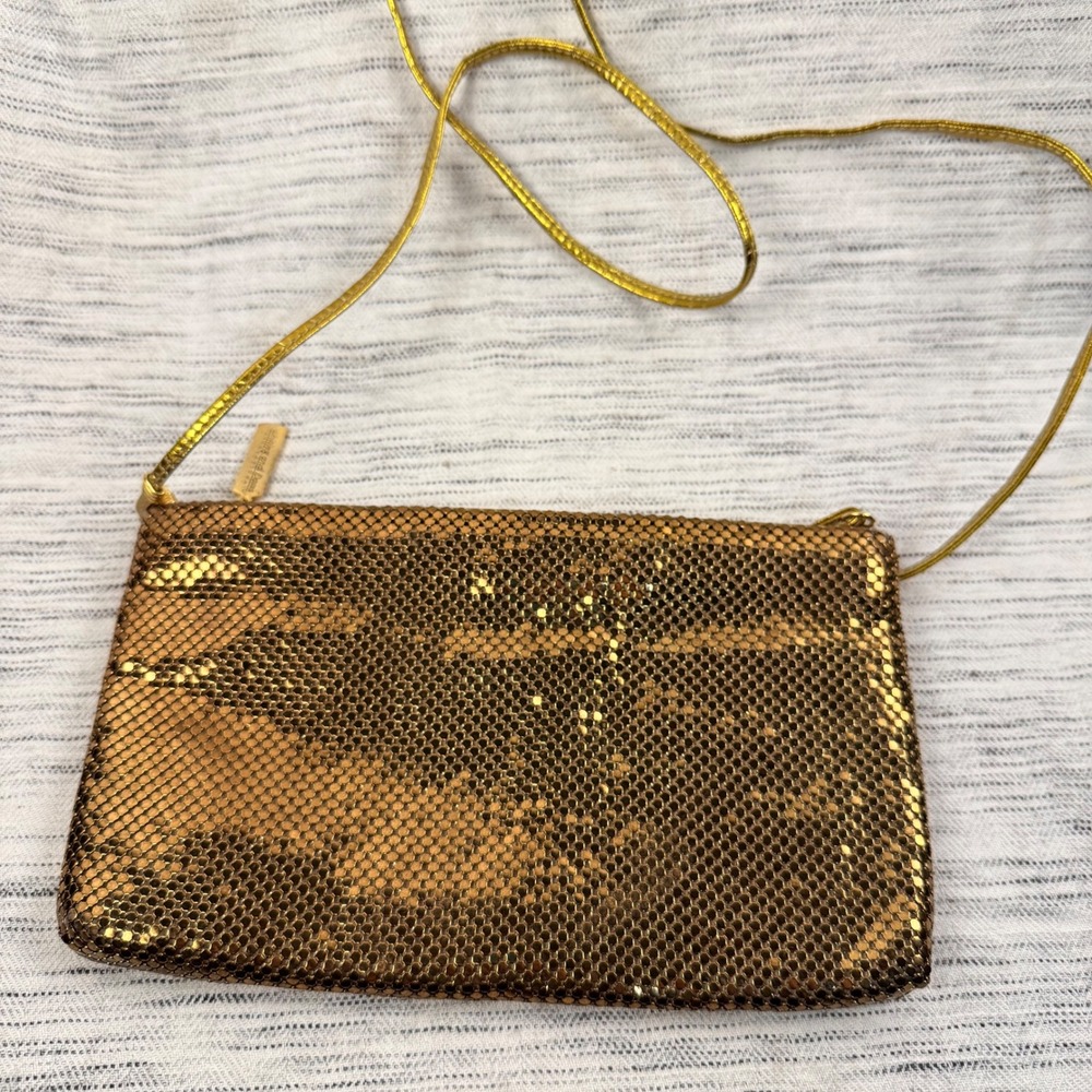 Vintage Whiting & Davis Gold Metallic Zip‎ Closure Shoulder Bag Formal Wedding